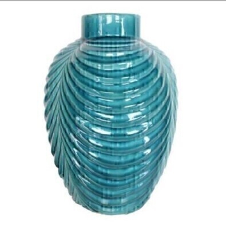 Art Deco style teal ceramic ribbed vase with a curvaceous shape. This bright gloss vase is a statement piece all homes deserve.  Size (LxWxD) 21.5cm x 21.5cm x 29.5cm.